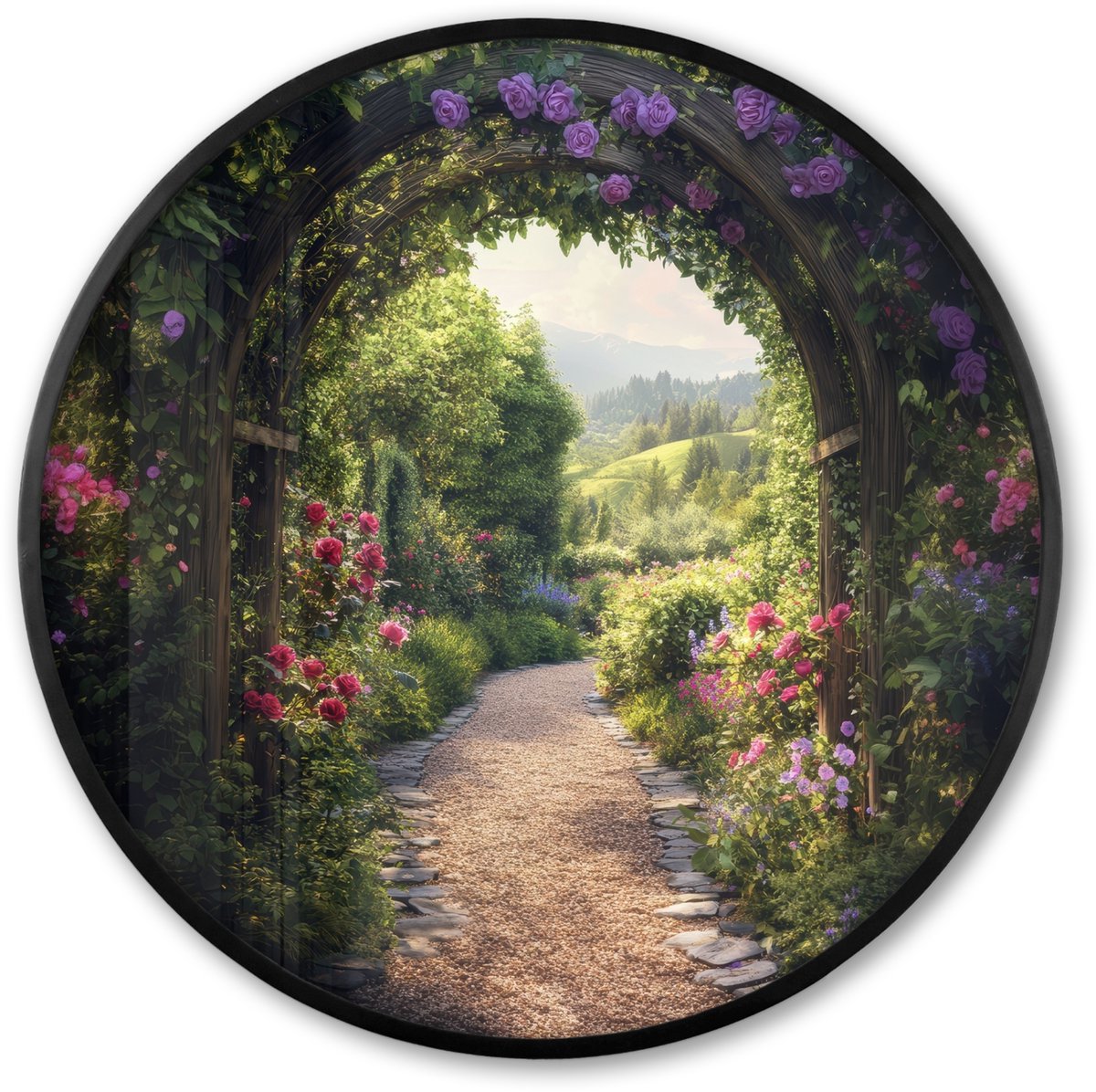 FrameYourWall Poster in lijst Rond - Fotolijst 80x80 cm - Posters - Doorkijk - Landschap - Bloemen - Tuinboog - Natuur - Ronde posterlijst zwart - Decoratie - Wanddecoratie woonkamer - Muurdecoratie slaapkamer Tuinboog - Bloementuin