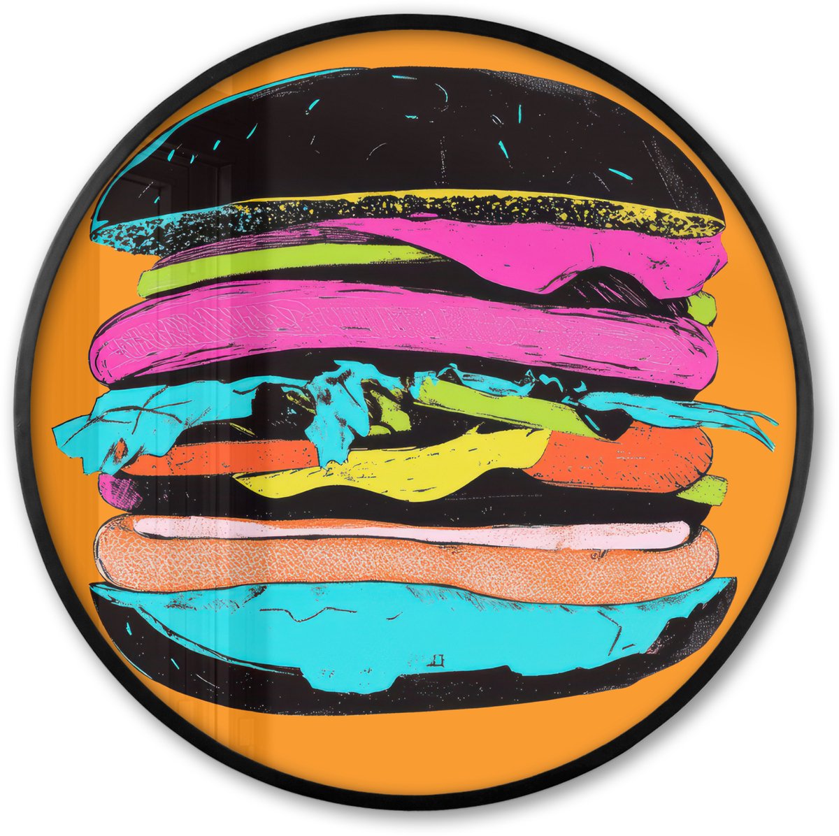 FrameYourWall Poster in lijst Rond - Fotolijst 60x60 cm - Posters - Hamburger - Kleurrijk - Speels - Ronde posterlijst zwart - Decoratie - Wanddecoratie woonkamer - Muurdecoratie slaapkamer