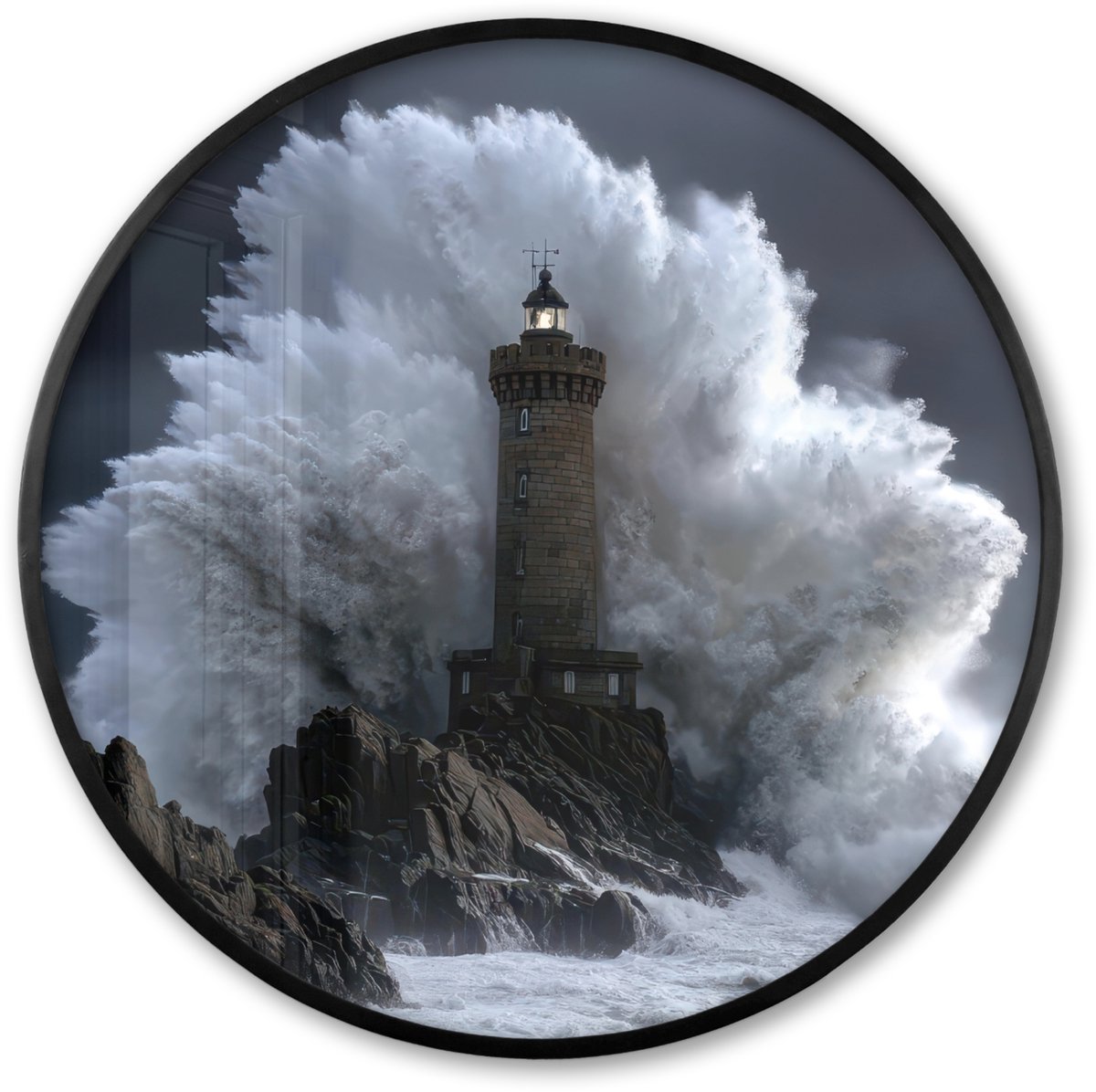 FrameYourWall Poster in lijst Rond - Fotolijst 60x60 cm - Posters - Golf - Vuurtoren - Schuimend water - Ronde posterlijst zwart - Decoratie - Wanddecoratie woonkamer - Muurdecoratie slaapkamer