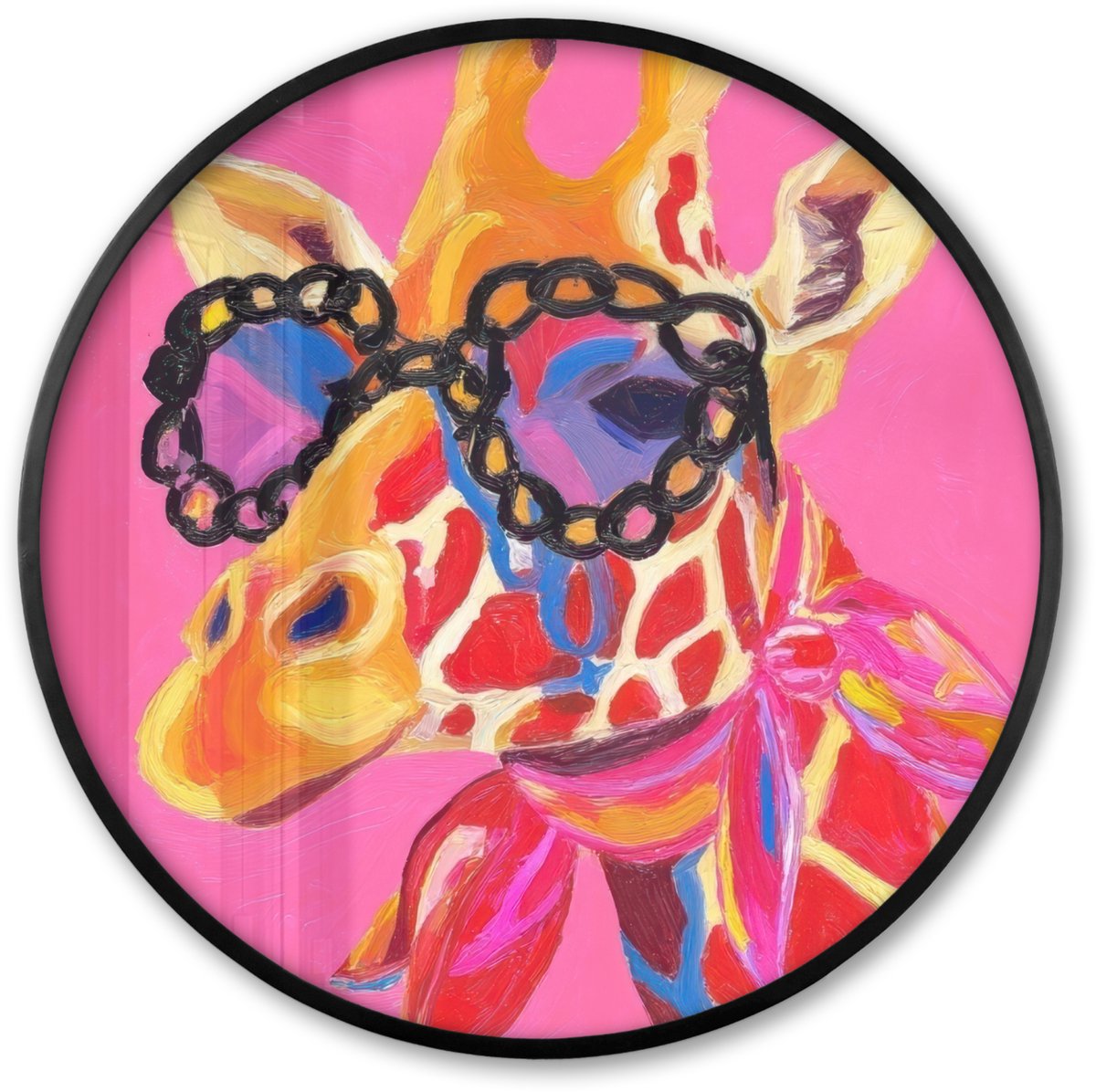 FrameYourWall Poster in lijst Rond - Fotolijst 80x80 cm - Posters - Giraf - Roze - Bril - Sjaal - Ronde posterlijst zwart - Decoratie - Wanddecoratie woonkamer - Muurdecoratie slaapkamer