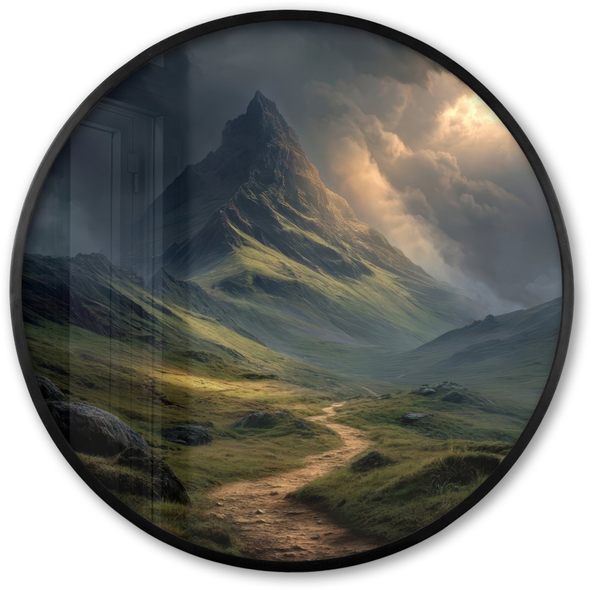 FrameYourWall Poster in lijst Rond - Fotolijst 60x60 cm - Posters - Bergen - Kronkelpad - Groen - Wolken - Ronde posterlijst zwart - Decoratie - Wanddecoratie woonkamer - Muurdecoratie slaapkamer Bergen - Pad - Wolken