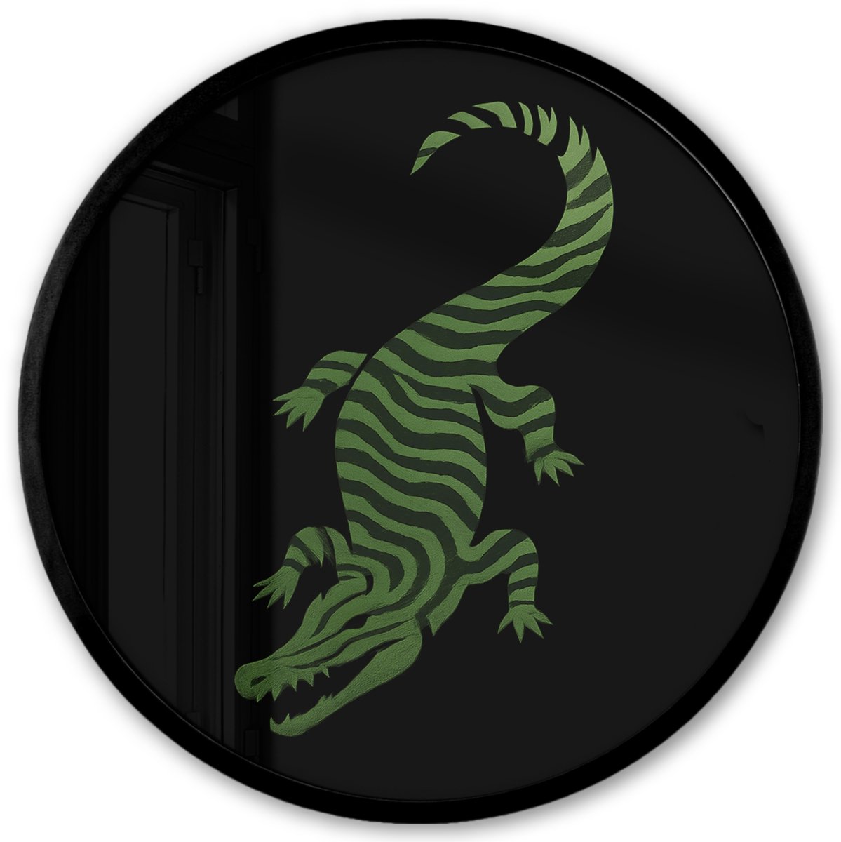 FrameYourWall Poster in lijst Rond - Fotolijst 40x40 cm - Posters - Krokodil - Groen - Tijgerachtig - Strepen - Ronde posterlijst zwart - Decoratie - Wanddecoratie woonkamer - Muurdecoratie slaapkamer Krokodil - Strepen