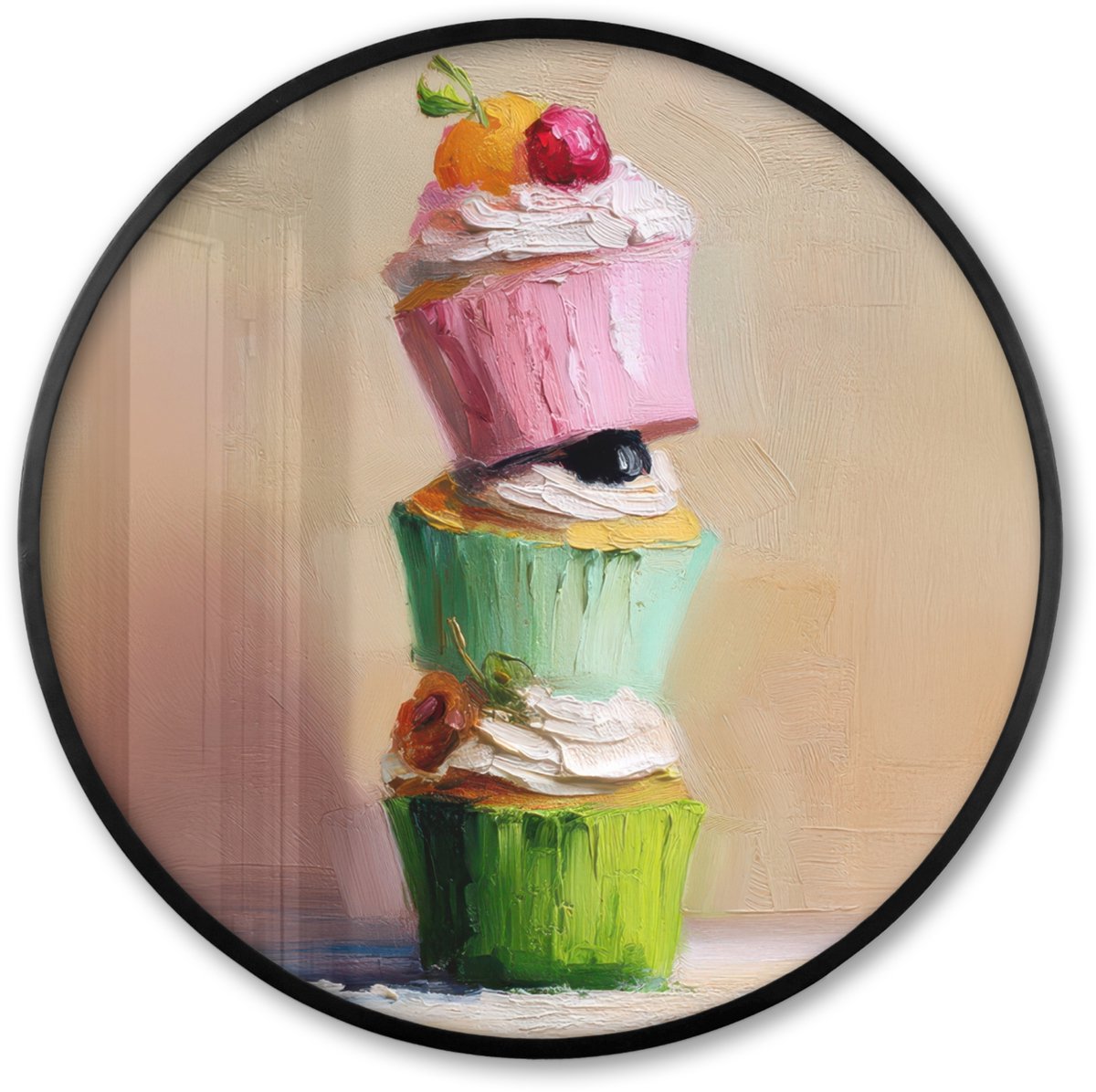 FrameYourWall Poster in lijst Rond - Fotolijst 60x60 cm - Posters - Cupcakes - Gestapeld - Kleurrijk - Fruit - Ronde posterlijst zwart - Decoratie - Wanddecoratie woonkamer - Muurdecoratie slaapkamer