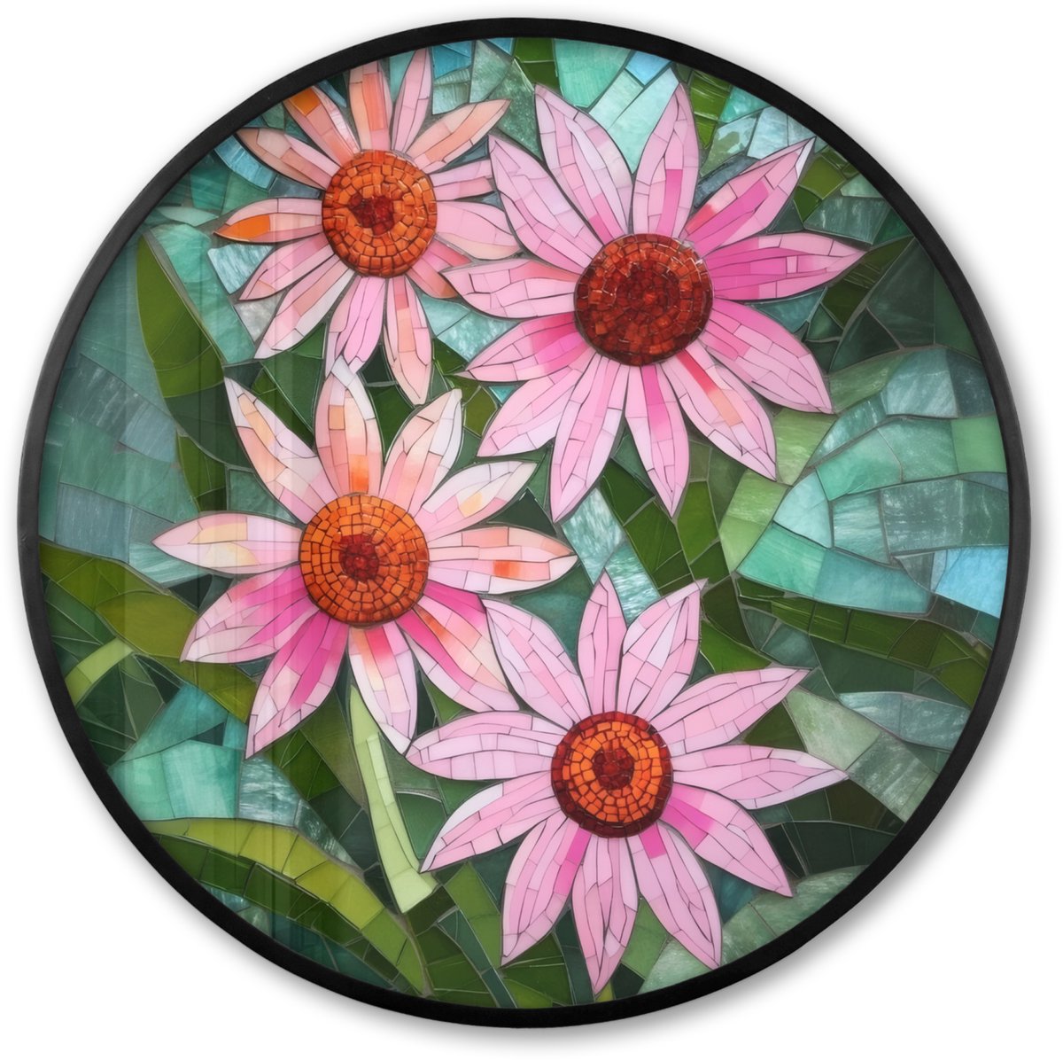 FrameYourWall Poster in lijst Rond - Fotolijst 80x80 cm - Posters - Bloemen - Roze - Glasmozaïek - Ronde posterlijst zwart - Decoratie - Wanddecoratie woonkamer - Muurdecoratie slaapkamer Bloemen - Mozaïek