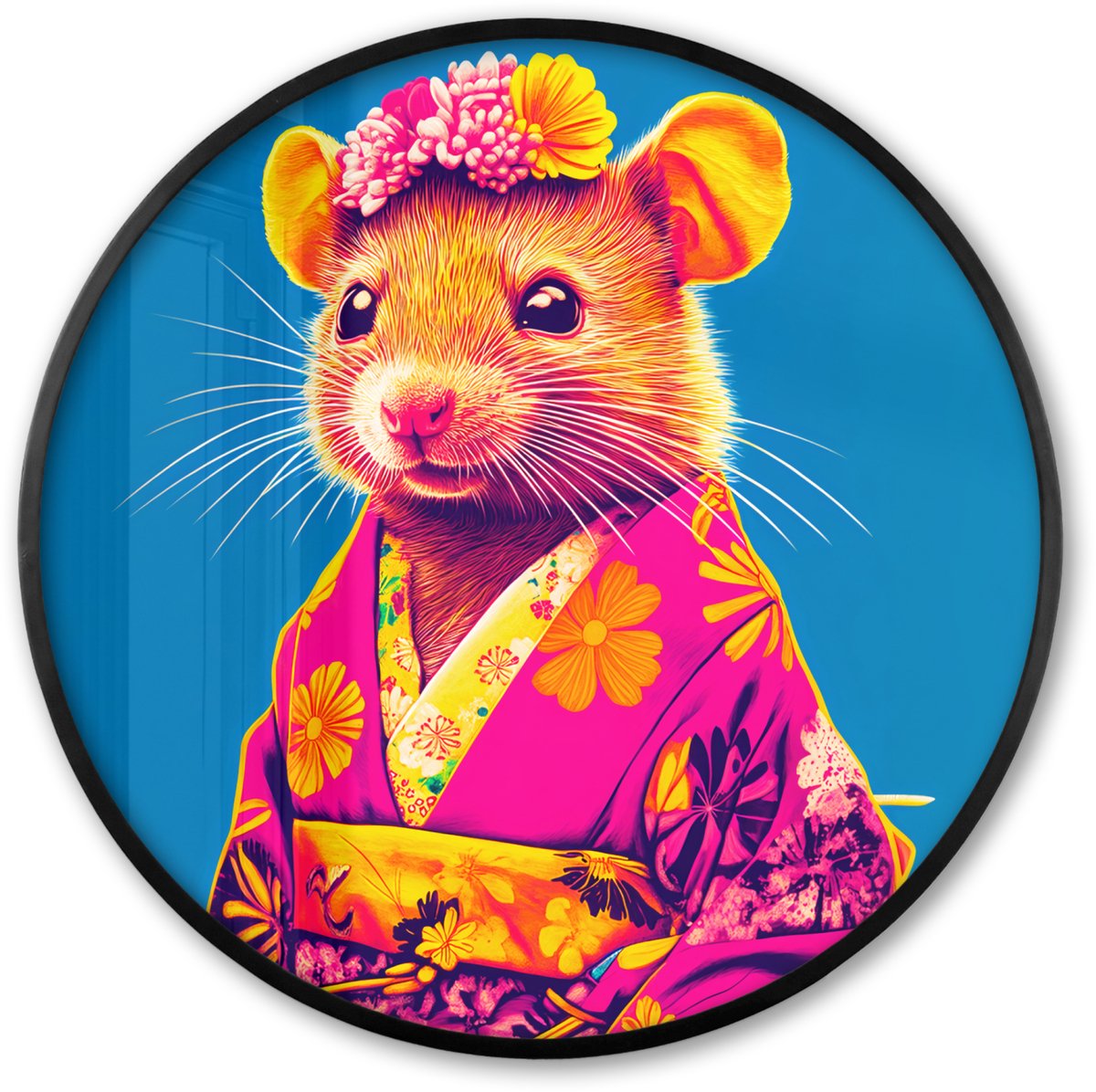 FrameYourWall Poster in lijst Rond - Fotolijst 80x80 cm - Posters - Muis - Kimono - Bloemen - Blauw - Ronde posterlijst zwart - Decoratie - Wanddecoratie woonkamer - Muurdecoratie slaapkamer