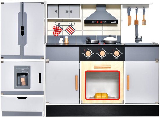 COSTWAY Kinderkeuken Hout, Speelkeuken Met Licht En Geluid Houten Keuken Hoek Met Afzuigkap Watercirculatiesysteem Waterdispenser En Wasmachine Incl Accessoires Ideaal Voor Kinderen Vanaf 3 Jaar