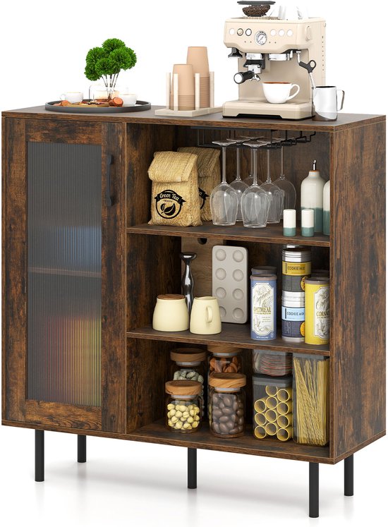 Buffet en bois Costway, meuble de cuisine avec porte vitrée, casier à vin réglable et porte-verres à vin intégrés, commode pour salon, cuisine, salle à manger, buffet, vintage, 95 x 35 x 98 cm