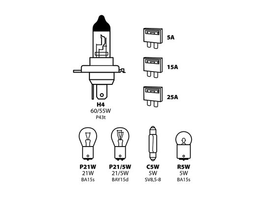 Illustratie van een H4 60/55W lamp met P43t fitting, drie zekeringen (5A, 15A, 25A) en vier kleinere lampjes: P21W, P21/5W, C5W, R5W.