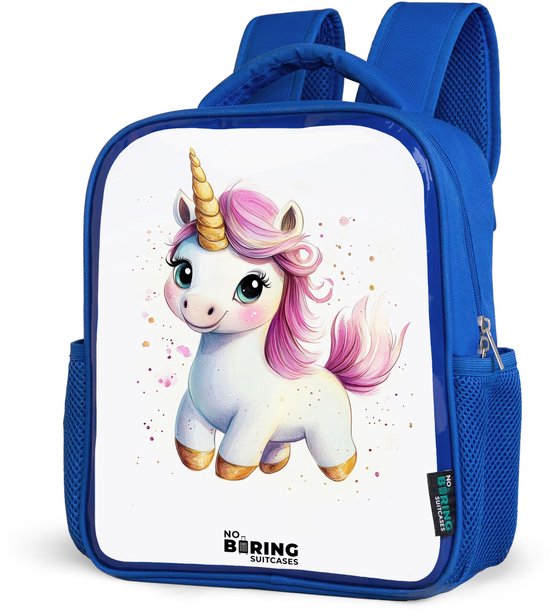 NoBoringSuitcases.com® - Rugzak blauw - Schooltas jongens - Witte eenhoorn met roze manen - Kinder rugtas jongen - Boekentas kind - Kinderrugzak voor school - Schoolrugzak