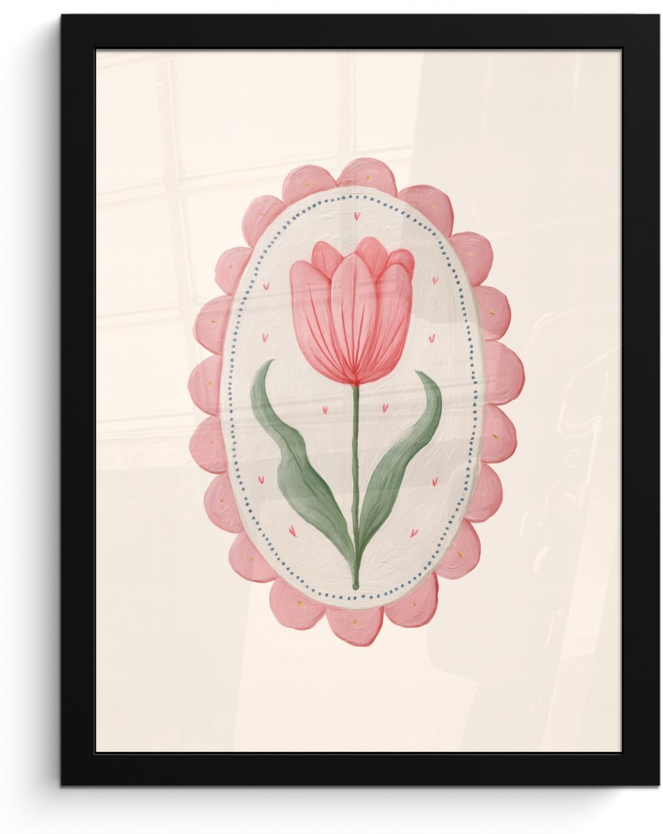 FrameYourWall Poster in lijst - Fotolijst 30x40 cm - Posters - Tulp - Lijst - Ovaal - Illustratie - Posterlijst zwart - Decoratie - Wanddecoratie woonkamer - Muurdecoratie slaapkamer Tulp - Ovaal