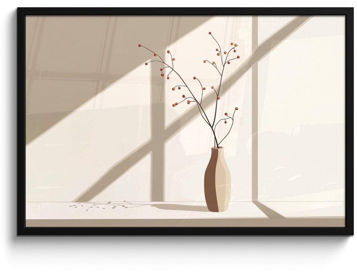 FrameYourWall Poster in lijst - Fotolijst 90x60 cm - Posters - Vaas - Takken - Bessen - Minimalistisch - Posterlijst zwart - Decoratie - Wanddecoratie woonkamer - Muurdecoratie slaapkamer