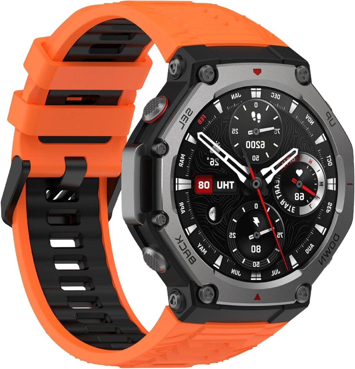 Band compatibel met sport horloge, zachte TPU horlogeband vervanging - zwart met oranje stiksels