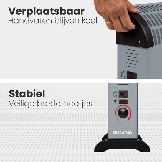 Grijze convectorkachel van Auronic met stabiele, brede pootjes en koele handvatten. Bediend met knoppen en een draaiknop.
