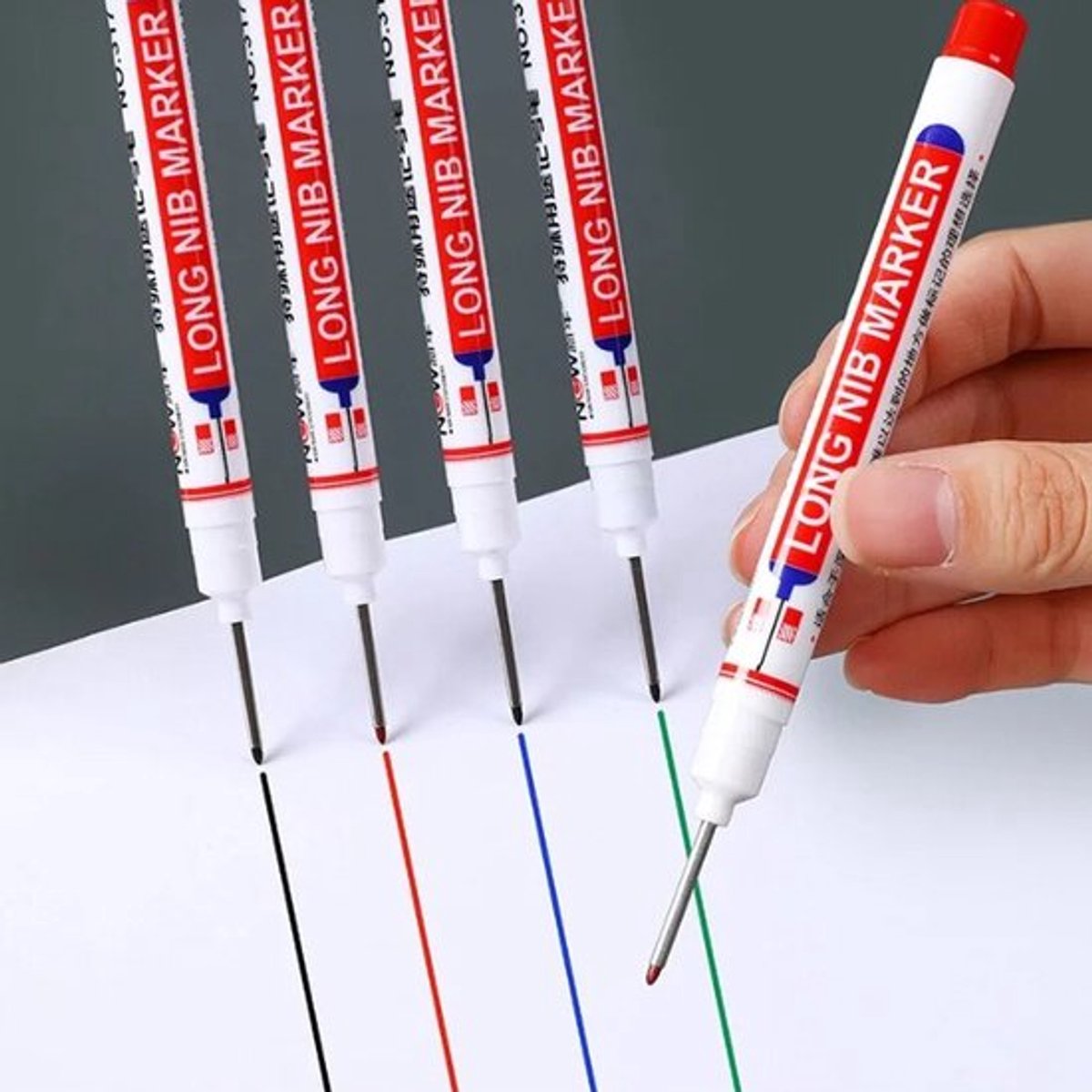 TLVX 4 stuks Verlengde Permanent Marker Zwart - Groen - Rood - Blauw – Markeerstift Timmerman potlood inkt – Bouw Markering stift – Timmermanspen - 20mm Long Tip Marker – Diep gat marker – Teken Hout, Metaal, Glas, Spiegel, Tegels, Beton, Keramiek