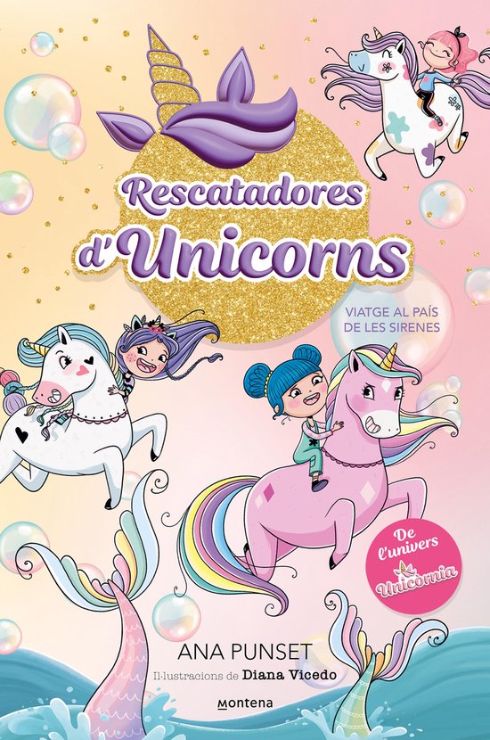 Boekcover 'Rescatadores d'Unicorns' met illustraties van driehoofdige eenhoorns en meisjes met bubbels en glitter.
