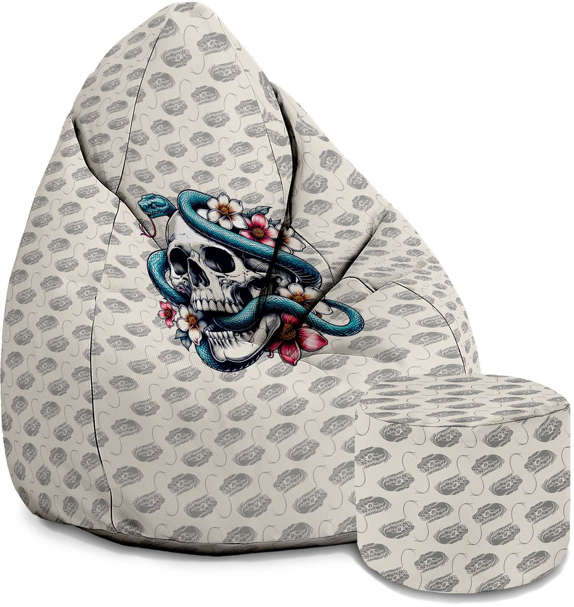 DreamRoots Velvet Zitzak voor Volwassenen – Luxe Beanbag met Voetsteun en Afneembare Hoes – Inclusief Vulling – 80x80x120 cm - Snake Skull Flower