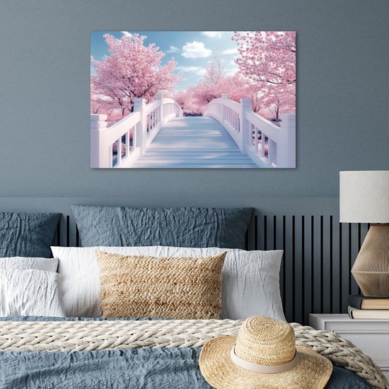 Poster 60x40 cm - Brug - Kersenbomen - Wit - Posters - Kamer decoratie - Wanddecoratie woonkamer - Muurdecoratie slaapkamer
