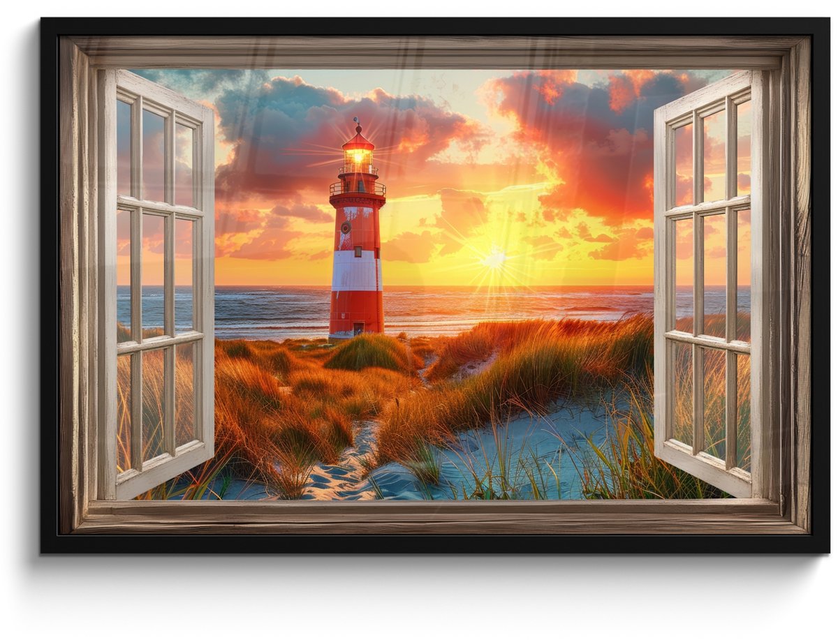 FrameYourWall Poster in lijst - Fotolijst 90x60 cm - Posters - Doorkijk - Raam - Vuurtoren - Zonsondergang - Strand - Posterlijst zwart - Decoratie - Wanddecoratie woonkamer - Muurdecoratie slaapkamer Zonsondergang - Vuurtoren