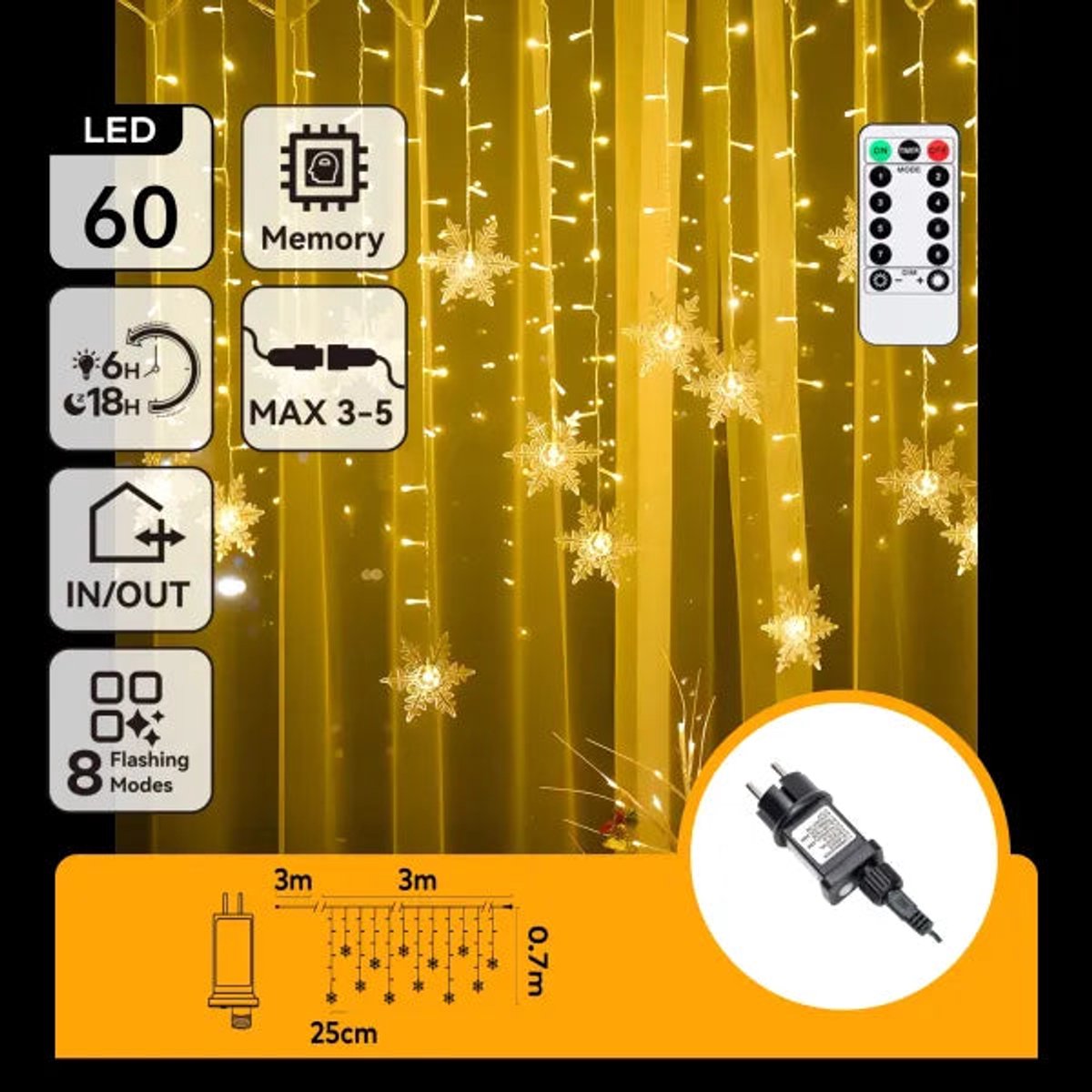 Lichtstring ijspegel sneeuwvlok 6 x 0.7 meter warmwit (3+3x0.7m ) - 12 LED slingers | sproeidicht IP44 - koppelbaar (max 5) | 230VAC - 24V | met afstandsbediening