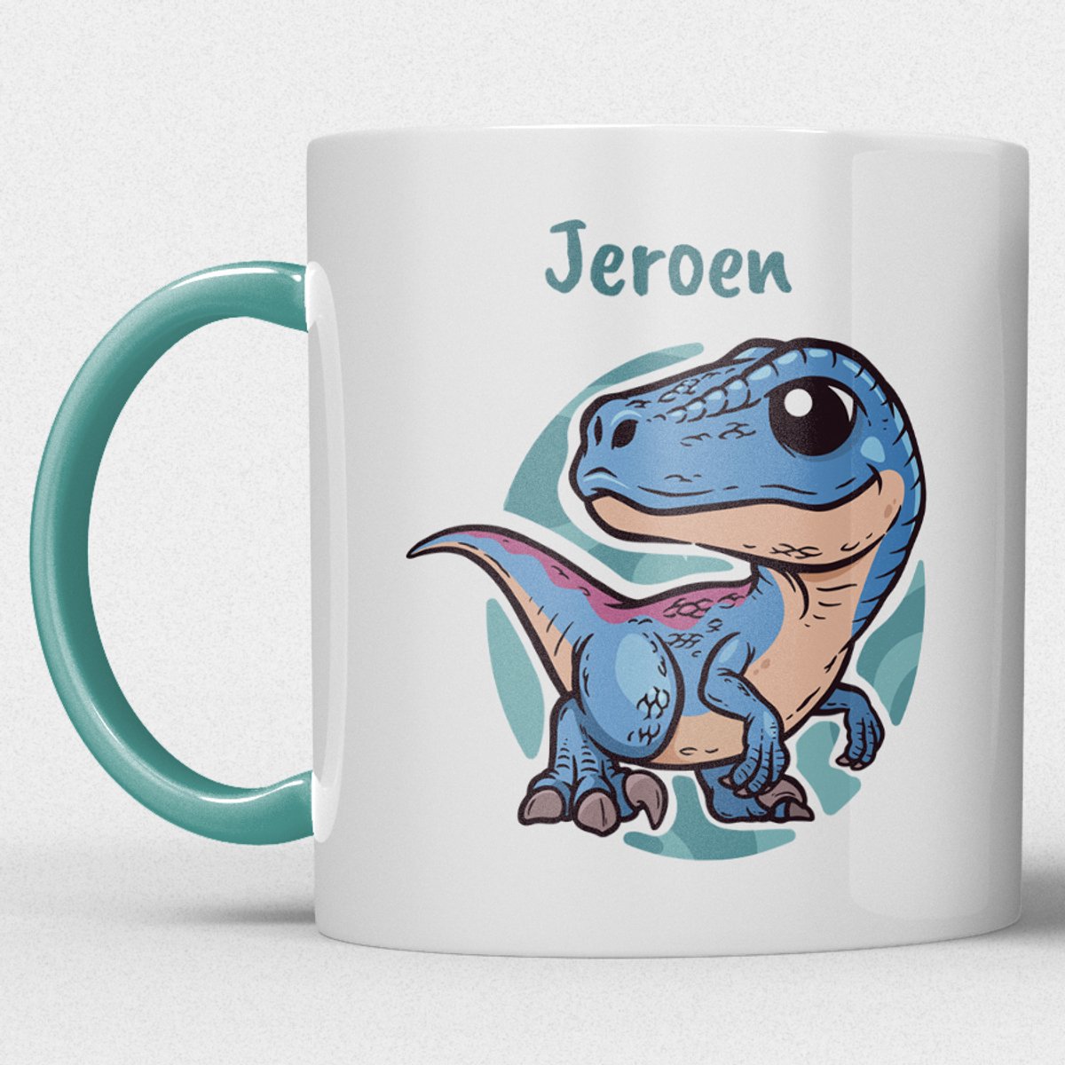 kindermok/kinderbeker | gepersonaliseerd met naam | met dino/dinosaurus/t-rex | zeegroen blauw | Schattige illustraties