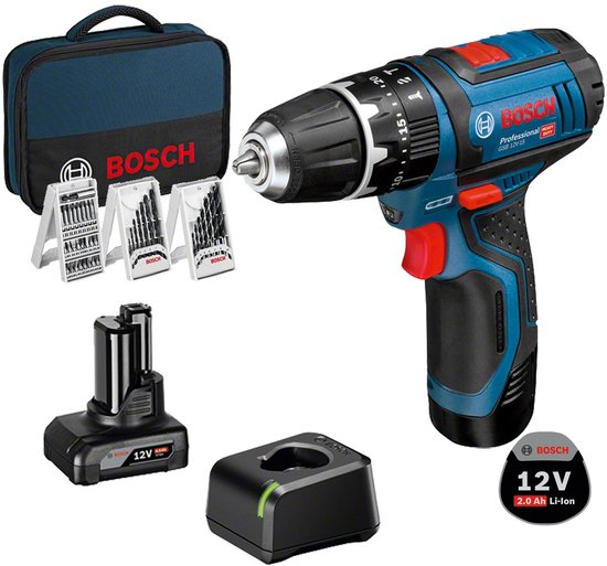Visseuse Bosch Professional GSB 12V-15 avec boîtier bleu et noir, accents rouges, une batterie 12V 2.0 Ah Li-Ion, chargeur, étui et set de forets.