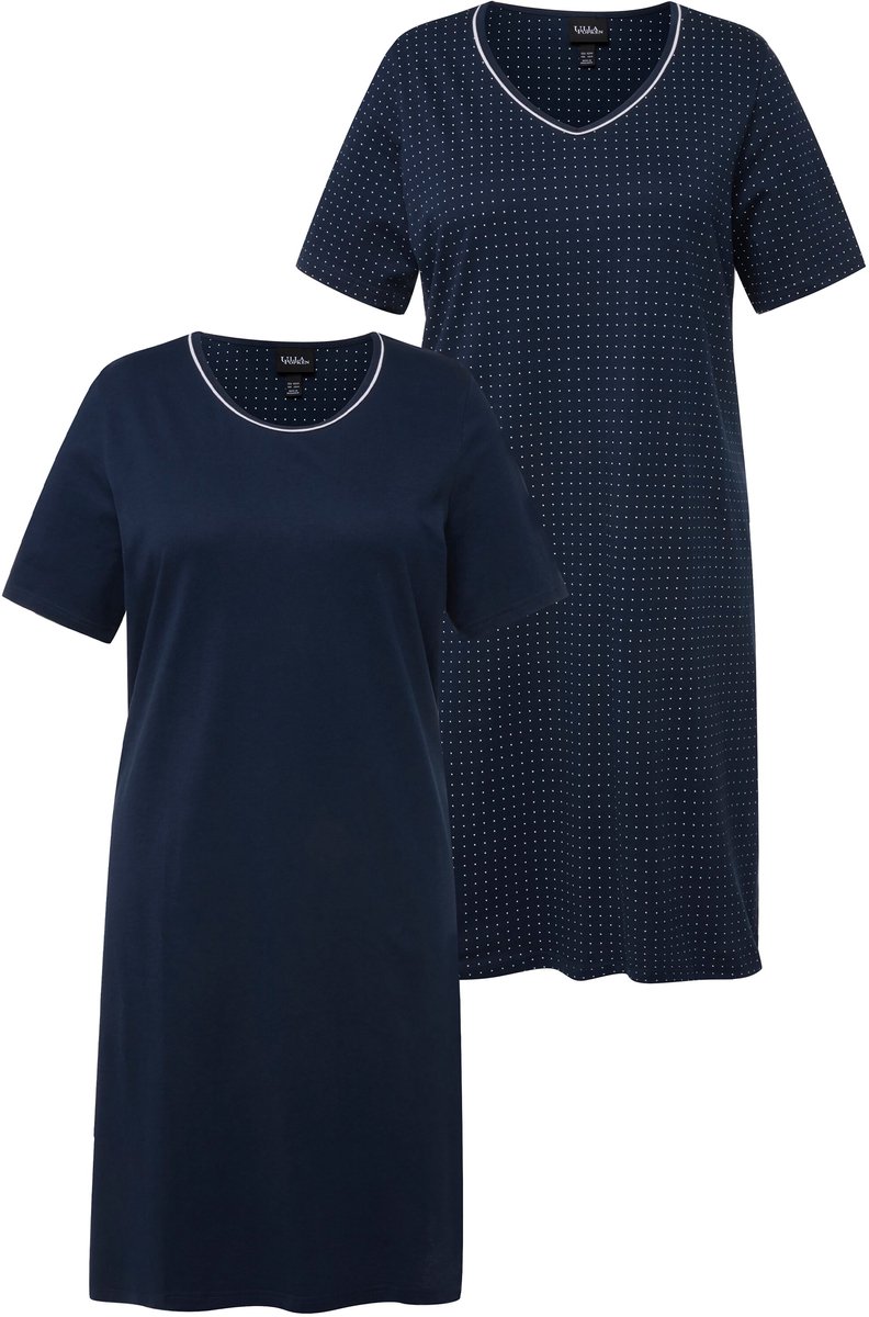 Ulla Popken Dames - Bigshirts set van 2 ronde hals/V-hals korte mouw - Nachtblauw - Maat 58+