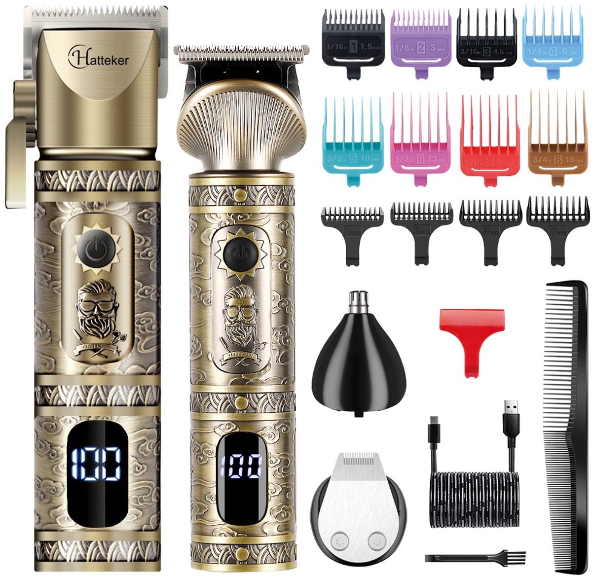 Hatteker Professionele 3-in-1 Tondeuse Set voor Mannen – Draadloze – Haartrimmer, T-Blade Trimmer en Neustrimmer – Complete Grooming Set