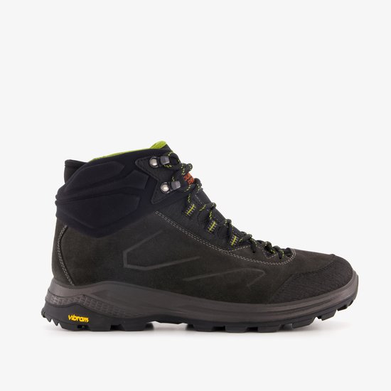Donkergrijze wandelschoen met Vibram zool, neon-groene veters en oranje logo op de tong.