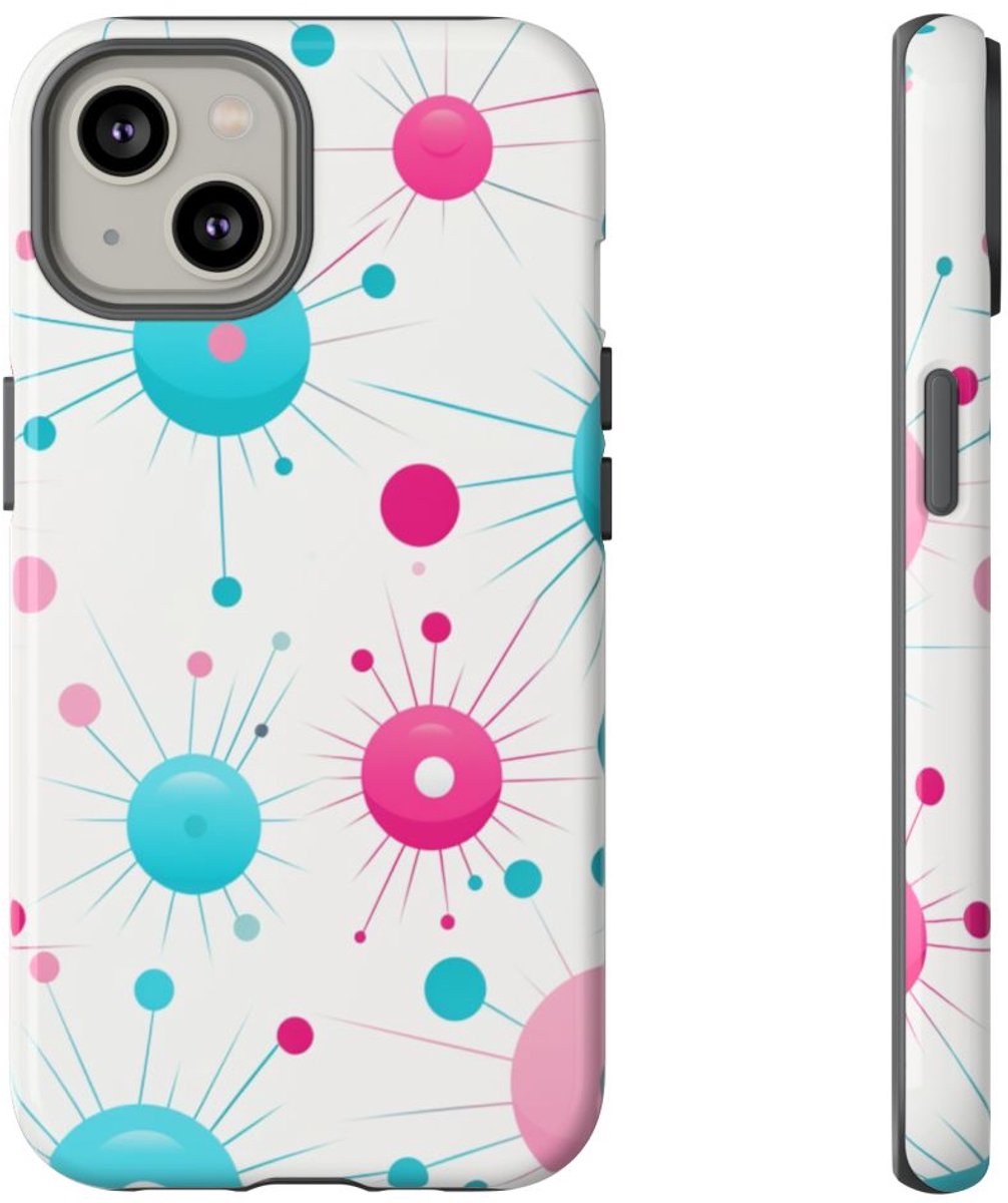 Retro Atomisch Patroon in Roze en Turquoise – Telefoonhoesje Geschikt voor iPhone 14