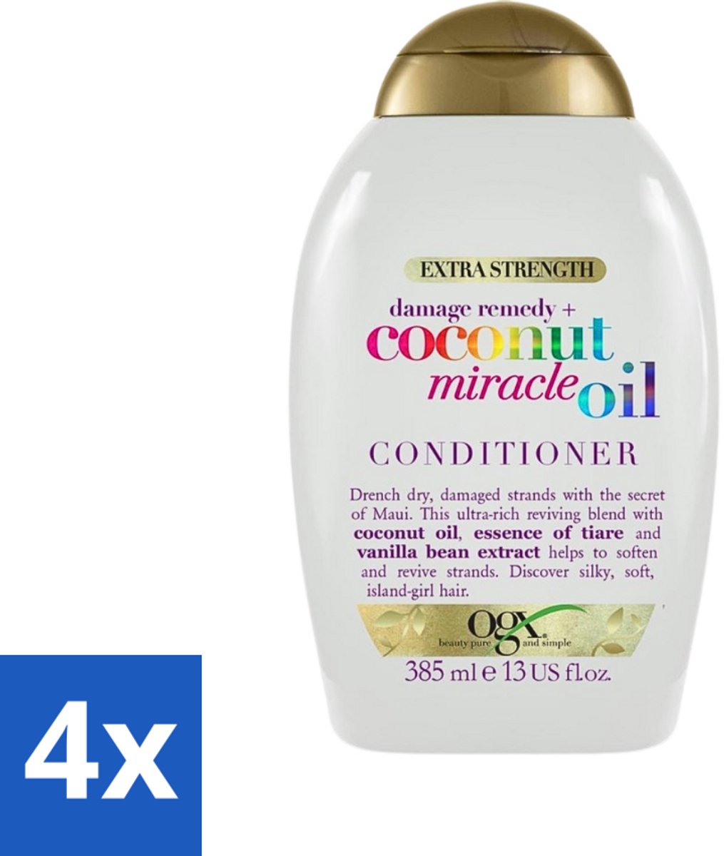 4 x OGX - Coconut Miracle Oil - Conditioner - Herstellend - Voor Beschadigd Haar - 385 ml - Haarherstel - Kokosolie Conditioner - Beschadigd Haar - Pluisvrij Haar - Zijdezacht Haar