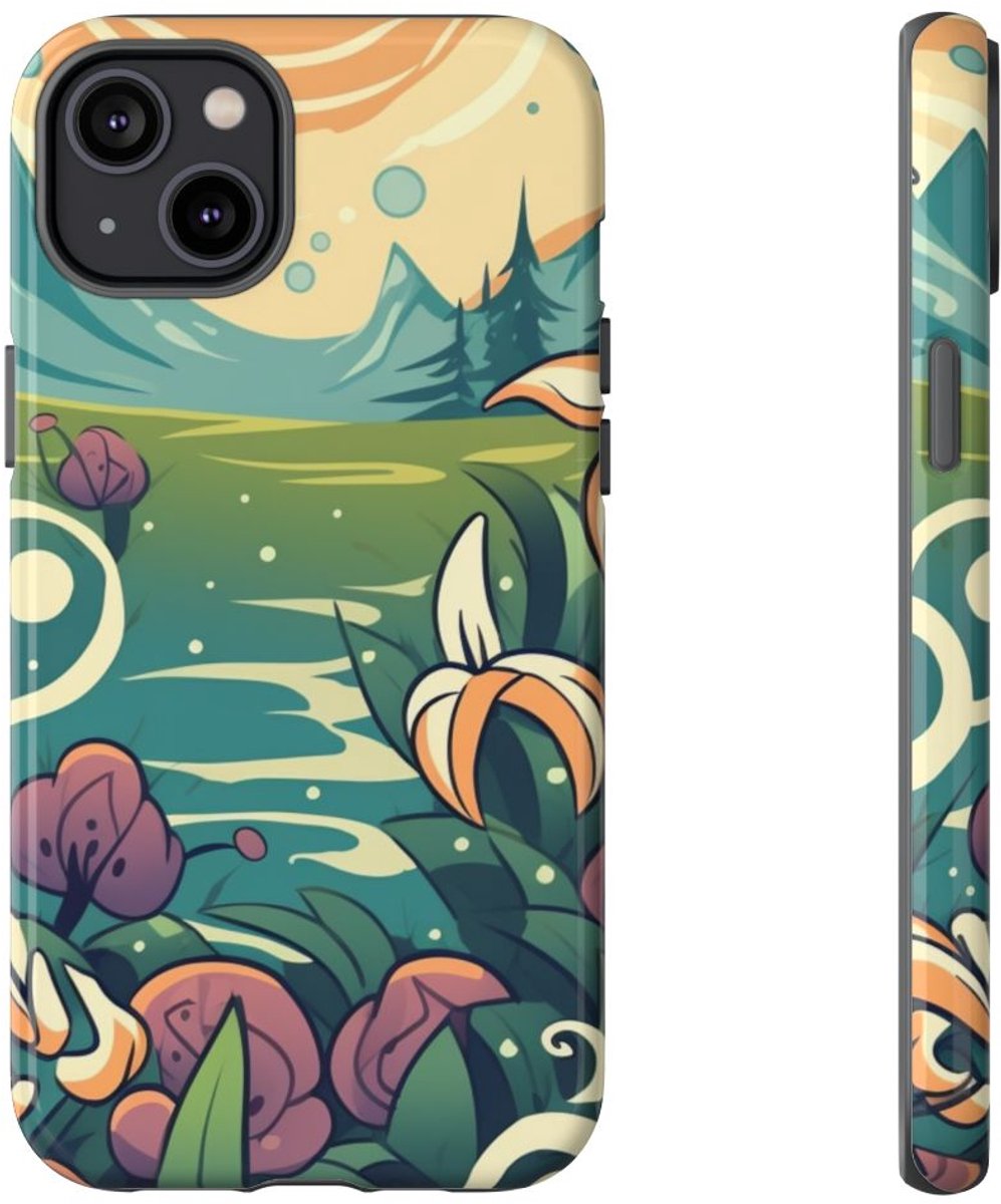 Bloemrijk Berglandschap in Cartoonstijl – Telefoonhoesje Geschikt voor iPhone 14 Plus