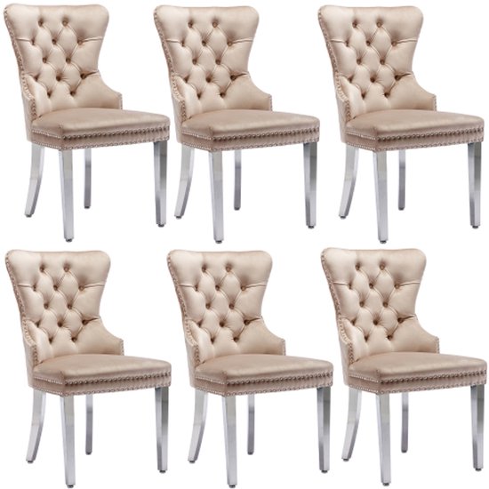 Foto: Eetkamerstoel 6 stuks 53x47x94 5cm beige fluwelen bekleding met unieke deurklopper op rugleuning met metalen poten spijkerafwerking modern ontwerp geschikt voor keuken woonkamer