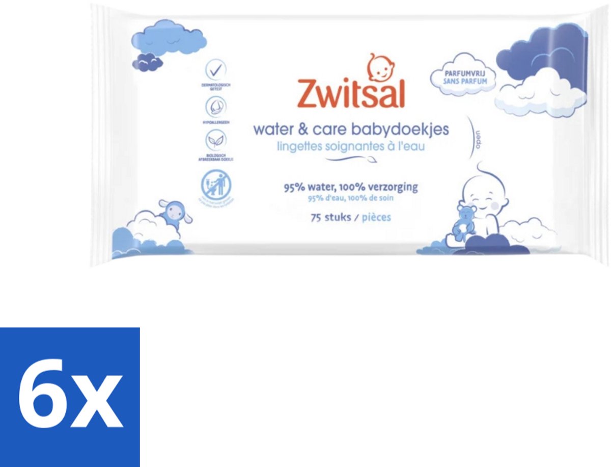 Image of 6 x Zwitsal 0% Parfum - Babyverzorging - Babydoekjes Water & Care - 75 Doekjes - Babydoekjes - Zwitsal - Waterdoekjes - Babyhuid - Luieruitslag