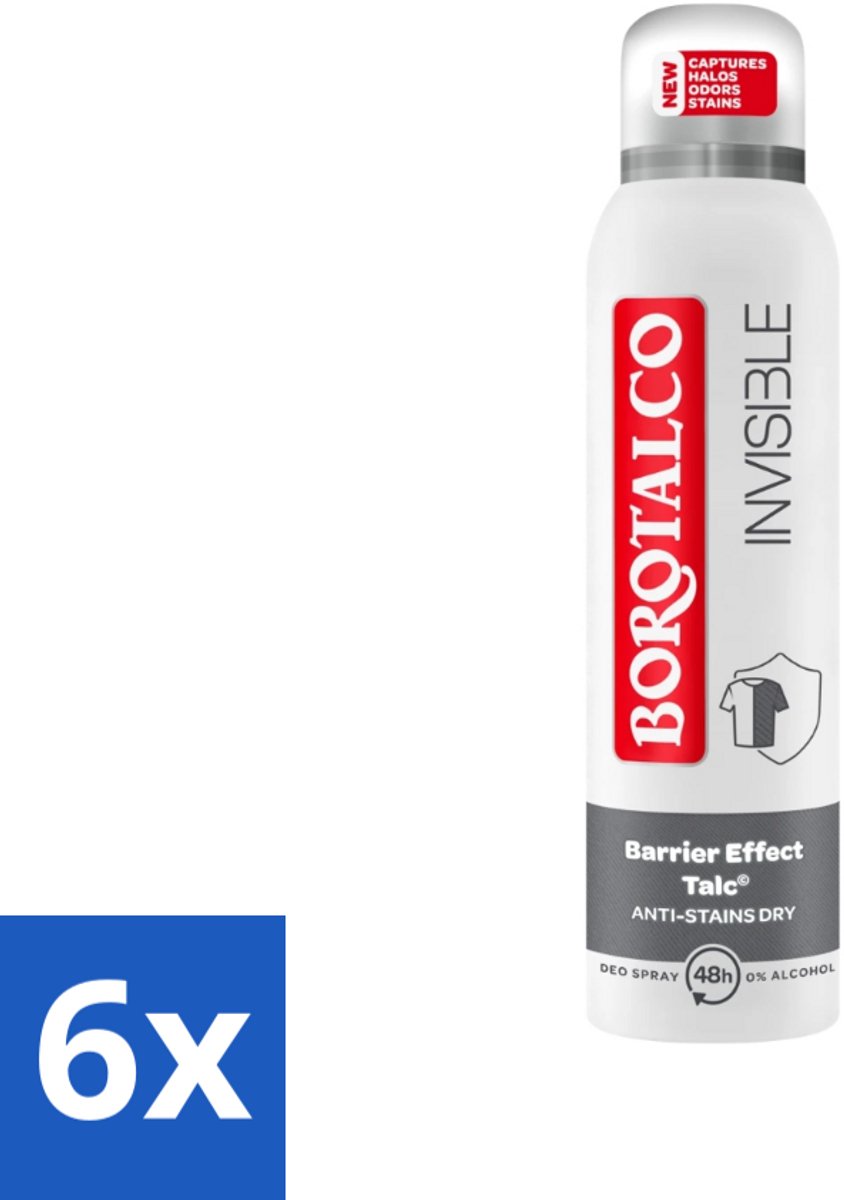 6 x Borotalco - Deodorant Spray - Invisible - Barrier Effect Talc - 0% Alcohol - 150 ml - Borotalco Deodorant - Deodorant Spray - Antitranspirant - Vlekkenvrije Deodorant - Deodorant Voor Gevoelige Huid