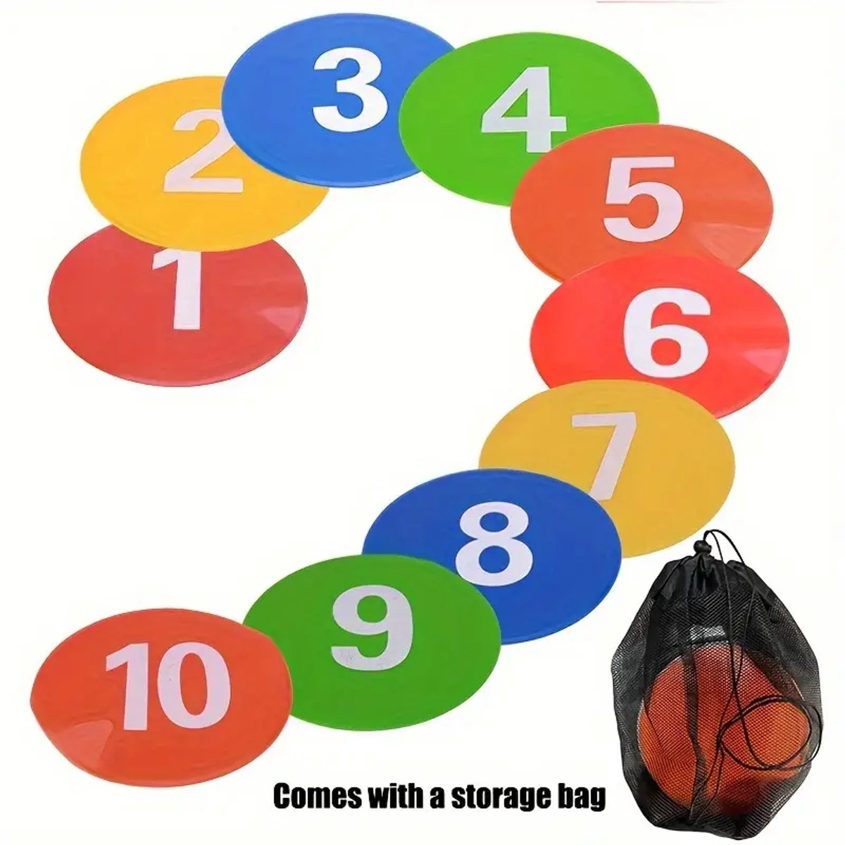 Kleurrijke antislip behendigheidsset met genummerde kegels, 23 cm platte kegels met opbergzak - perfect voor basketbal, voetbal en trainingsoefeningen, veelkleurige verpakking van 10 stuks