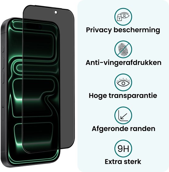 Een iPhone met een privacy screenprotector erop, met icoontjes voor privacy, anti-vingerafdruk, hoge transparantie en afgeronde randen. 9H extra sterk.