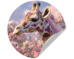 WallCircle® - Behangcirkel 50x50 cm - Muurstickers Giraffe - Bloemen - Roze - Muurcirkel woonkamer - Wandcirkel slaapkamer - Kamer decoratie zelfklevend - Muurdecoratie accessoires