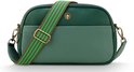 Groene crossbody tas met gestreepte band en gouden gesp, twee vakken.