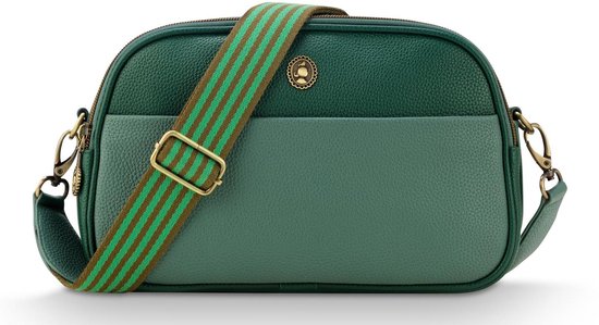 Groene crossbody tas met gestreepte band en gouden gesp, twee vakken.