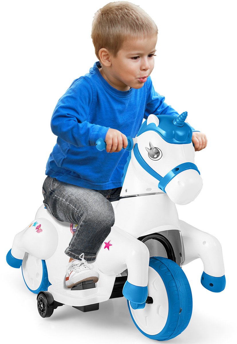 COSTWAY Elektrische motorfiets voor kinderen, elektrische motorfiets, 2 modi, schommelpaard met muziek en led en steunwielen, 3 km/u, elektrisch voertuig voor kinderen vanaf 3 jaar (blauw)