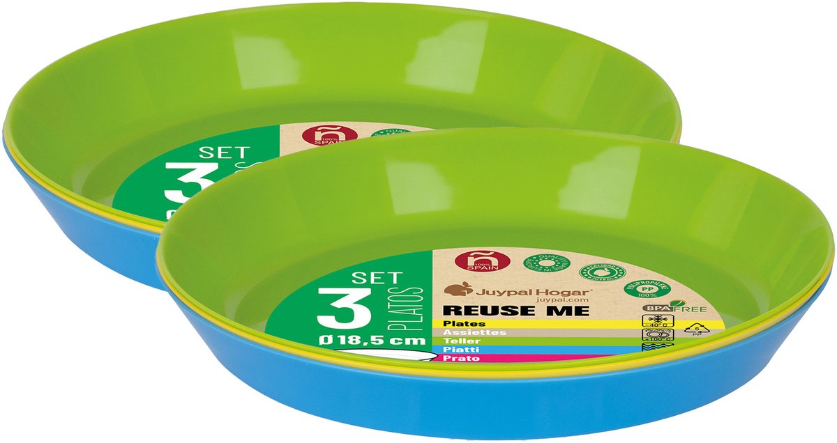 Juypal Borden - 6x - gekleurd - kunststof - D18,5 x H2,5 cm - herbruikbaar - BPA-vrij