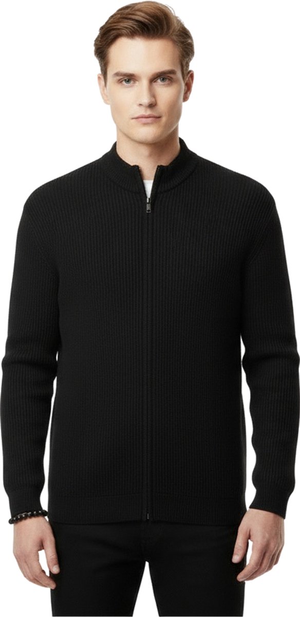 Gebreide Rib Vest met Rits - Heren - Zwart - Aansluitend