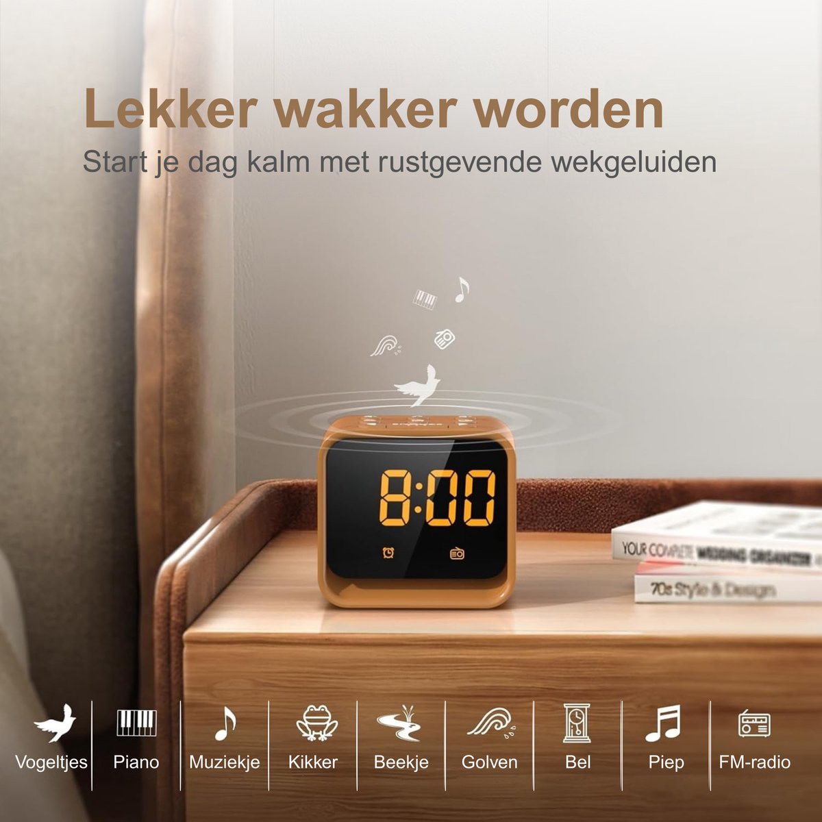 Neveda Digitale Wekkerradio met Nachtlamp licht - Wekkers Digitaal op Netstroom - Slaapkamer - Bruin houtlook — cadeau in Wonen & Interieur - foto 2