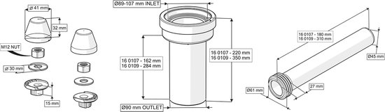Technische tekening van aansluitset voor hangtoilet met afmetingen en onderdelen: "Ø89-107 mm INLET", "Ø90 mm OUTLET".