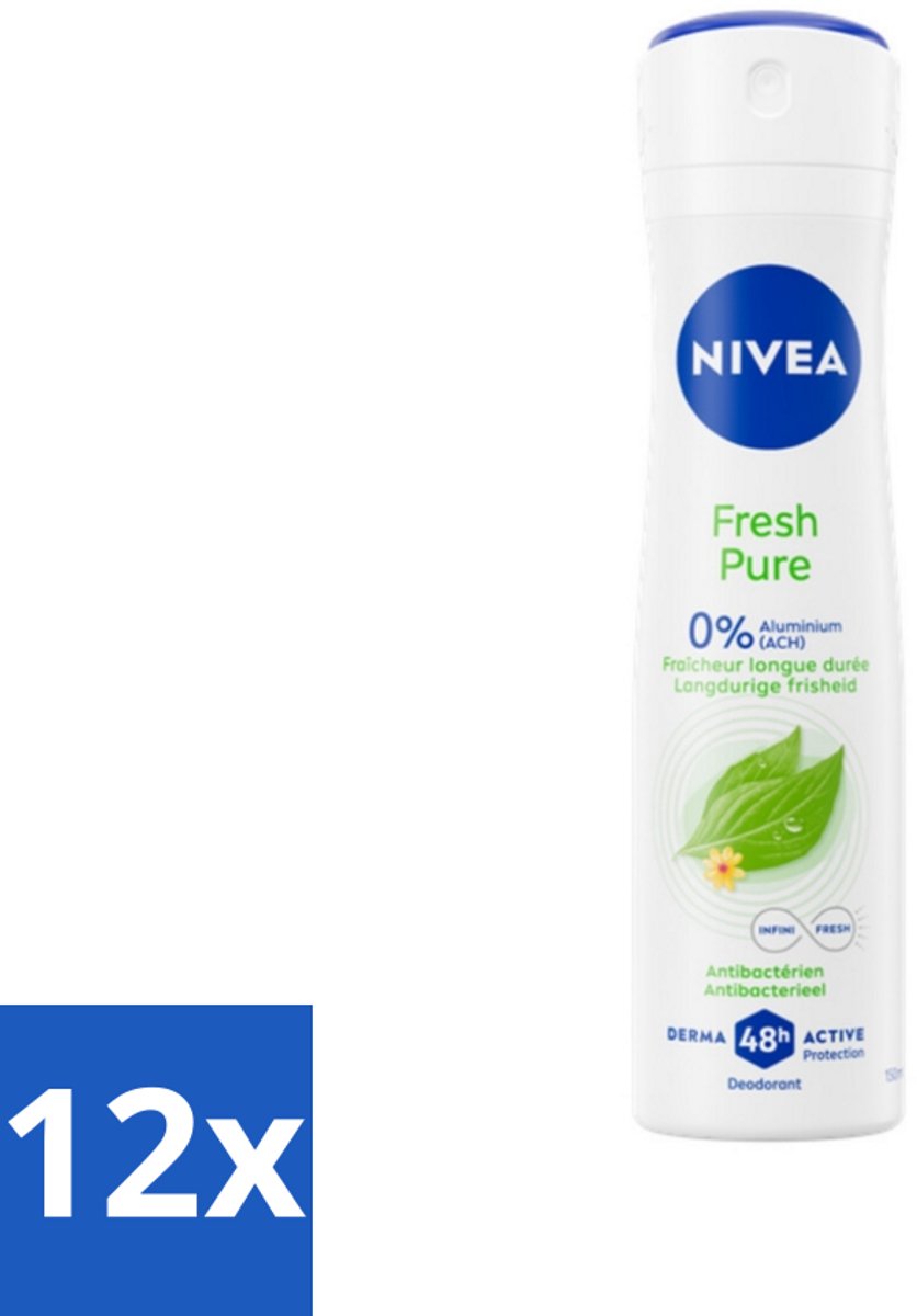 12 x Nivea - Deodorant - Spray - Fresh Pure - Langdurige Frisheid - 150 ml - 48 Uur Geurbescherming - Aluminiumvrij - Fris - Geur - Deodorant Spray