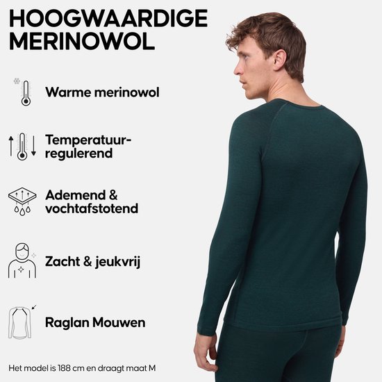 Man draagt een donkergroen thermoshirt met raglanmouwen. Tekst over eigenschappen: warm, temperatuurregulerend, ademend, zacht. Model is 188cm, draagt M.