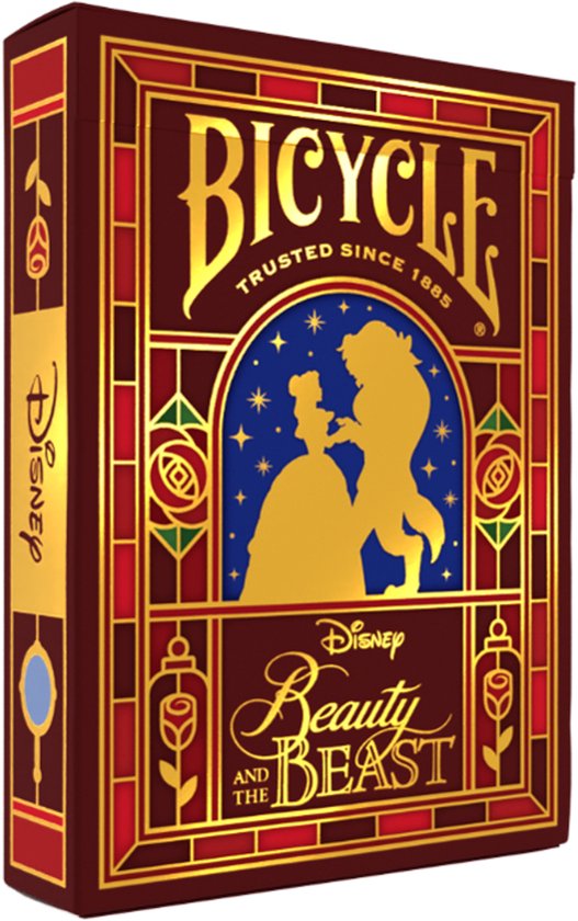 Bicycle speelkaarten met Disney's Beauty and the Beast thema. De doos heeft een gouden silhouet van Belle en het Beest.