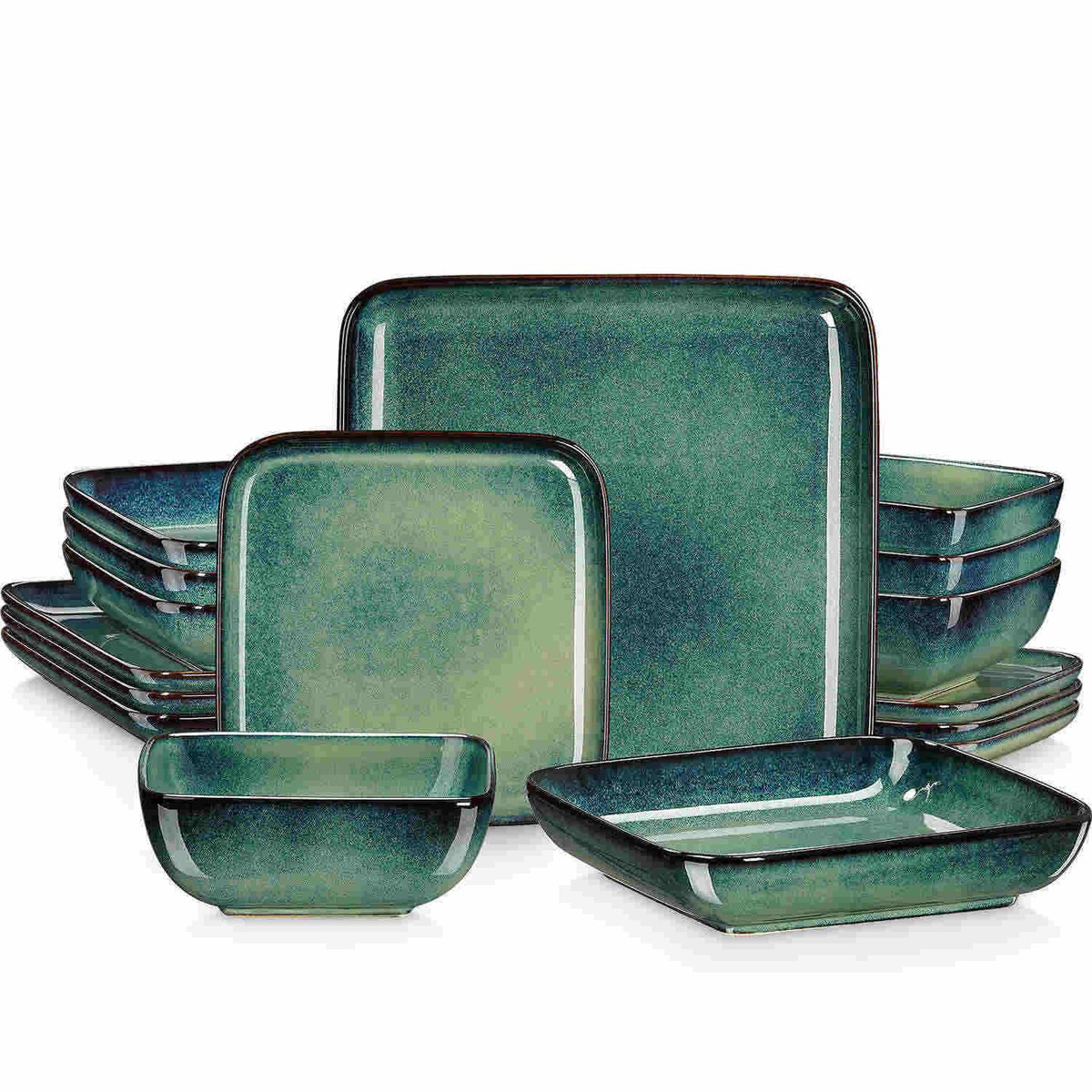 Serviesset - 4 Persoons Servies - Keramiek - Diner- en Dessertbord - Ontbijt- en Soepkom - 16-delige Set - Groen