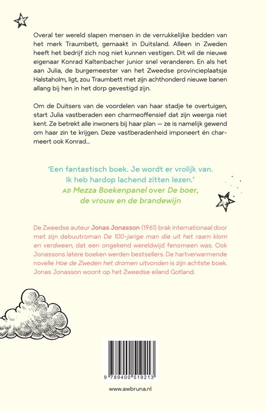 De achterkant van het boek "Hoe de Zweden het dromen uitvonden" van Jonas Jonasson.