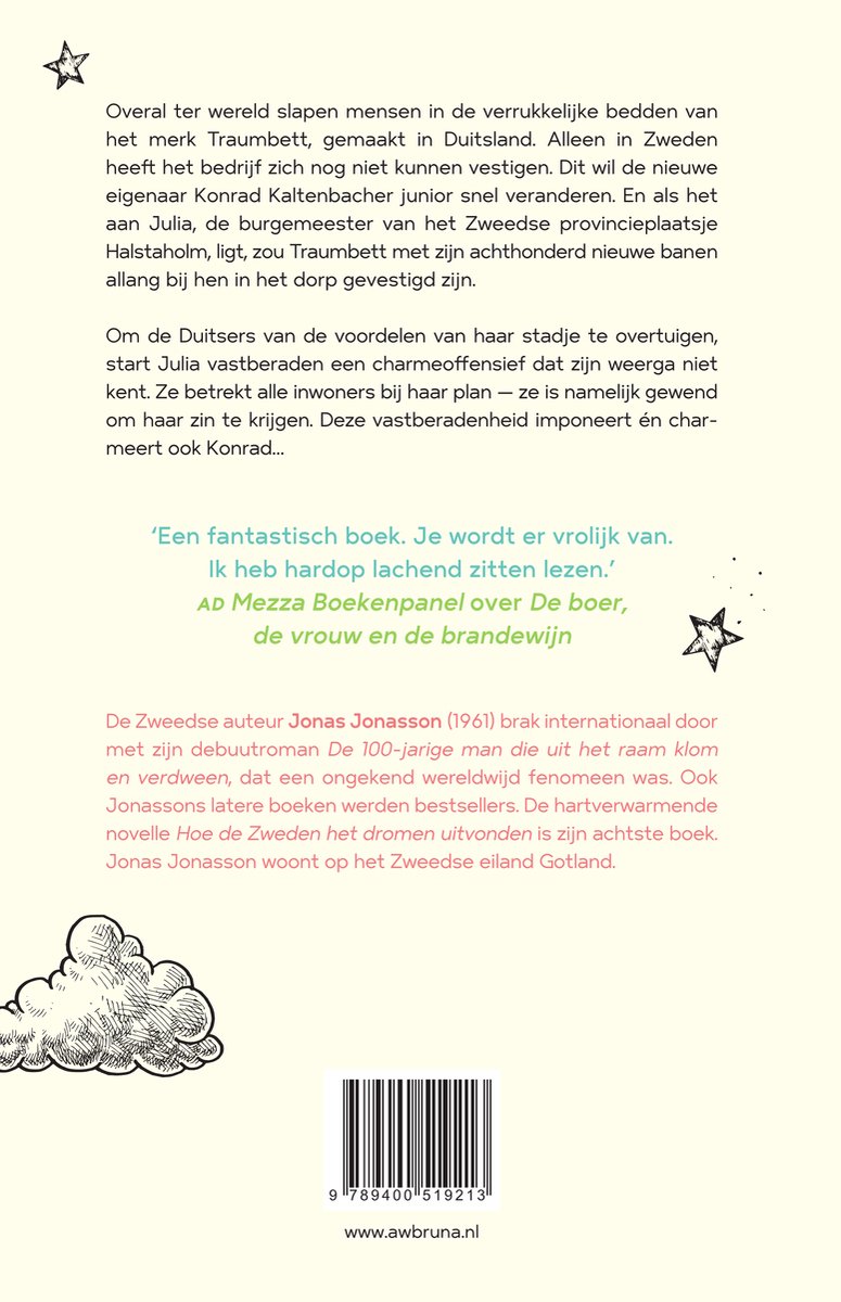 De achterkant van het boek "Hoe de Zweden het dromen uitvonden" van Jonas Jonasson.